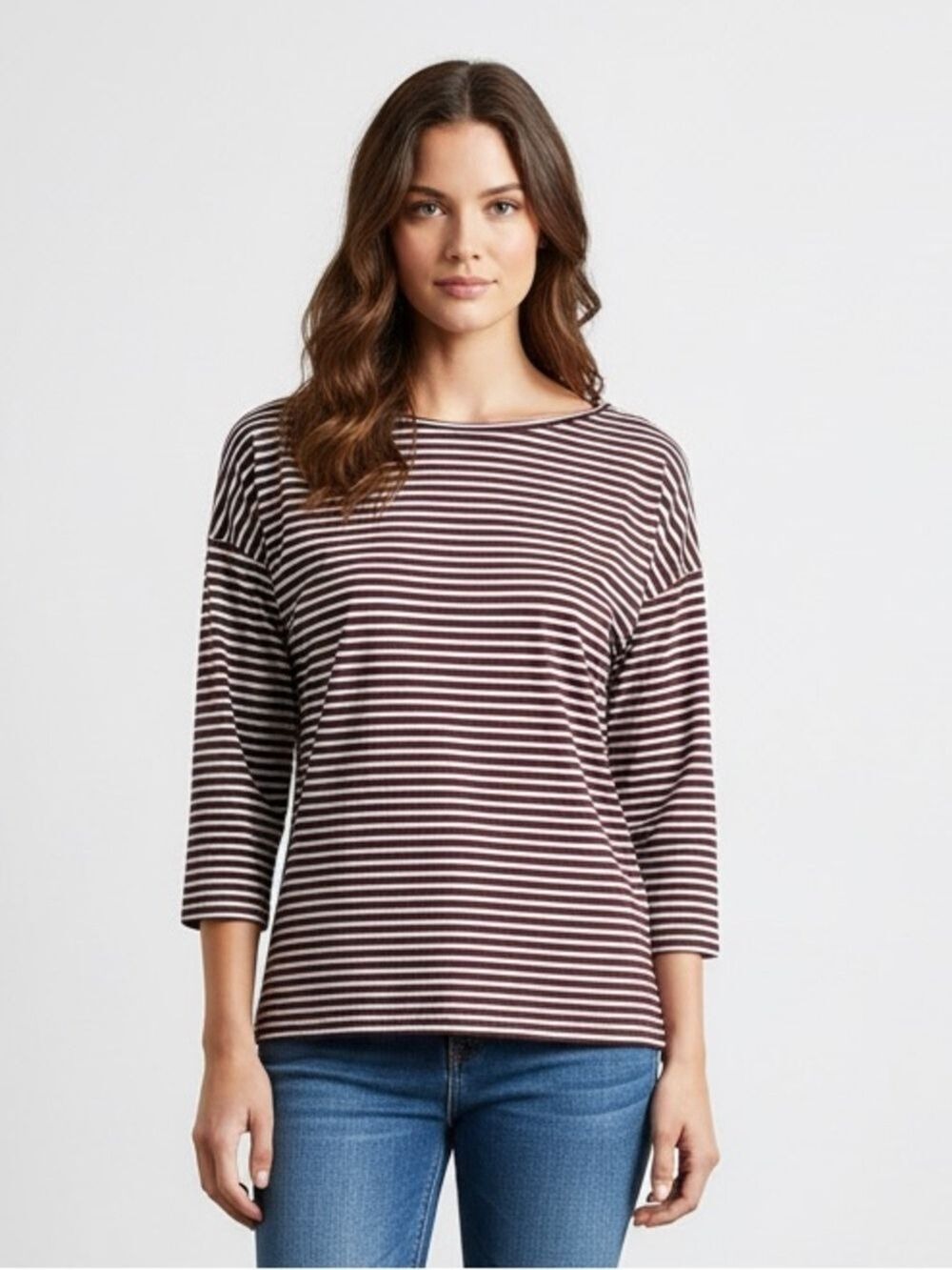 LOFT Ann Taylor Striped 3/4 Sleeve Boatneck Top Burgundy White Cotton Blend Sz M